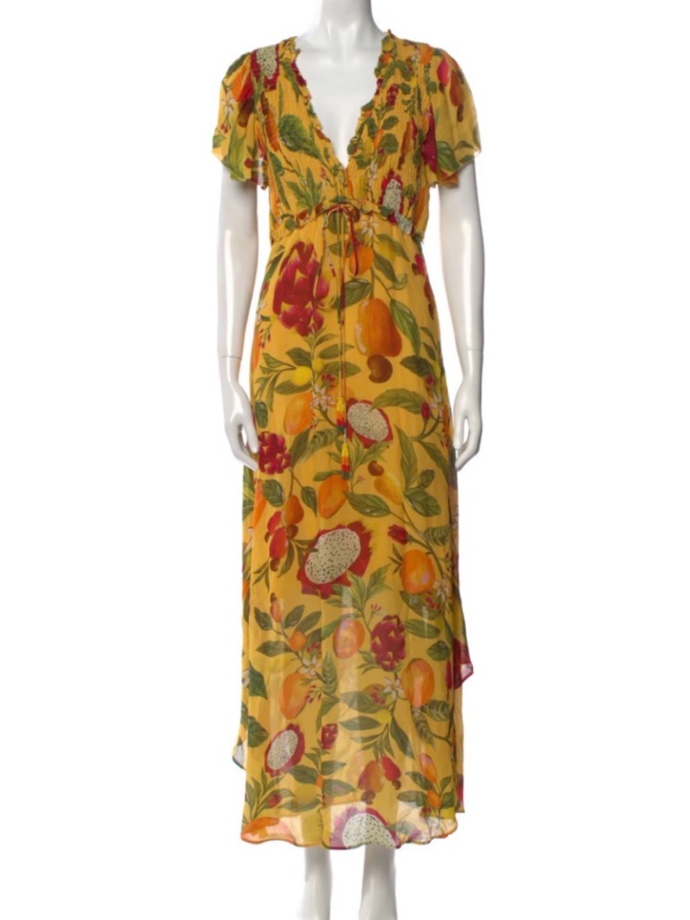 Farm Rio Yellow Floral Maxi Dress with Ruffle V-Neck